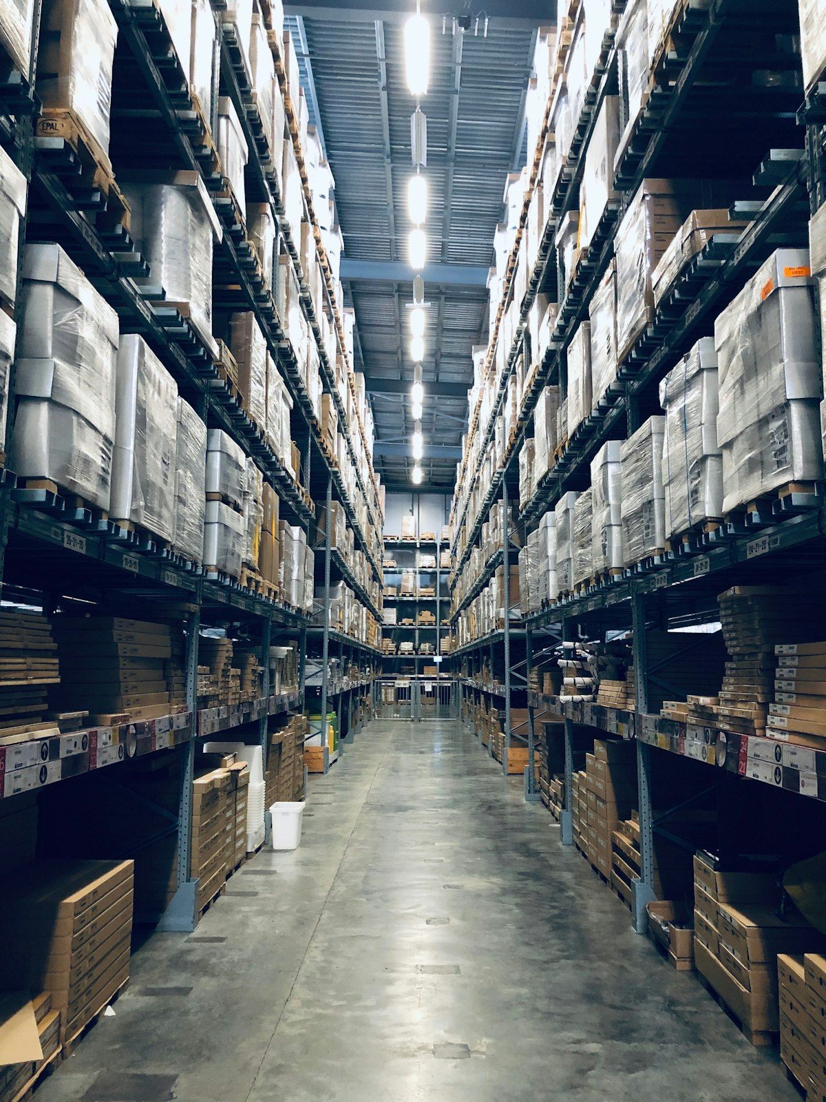 Stocked distribution warehouse aisle